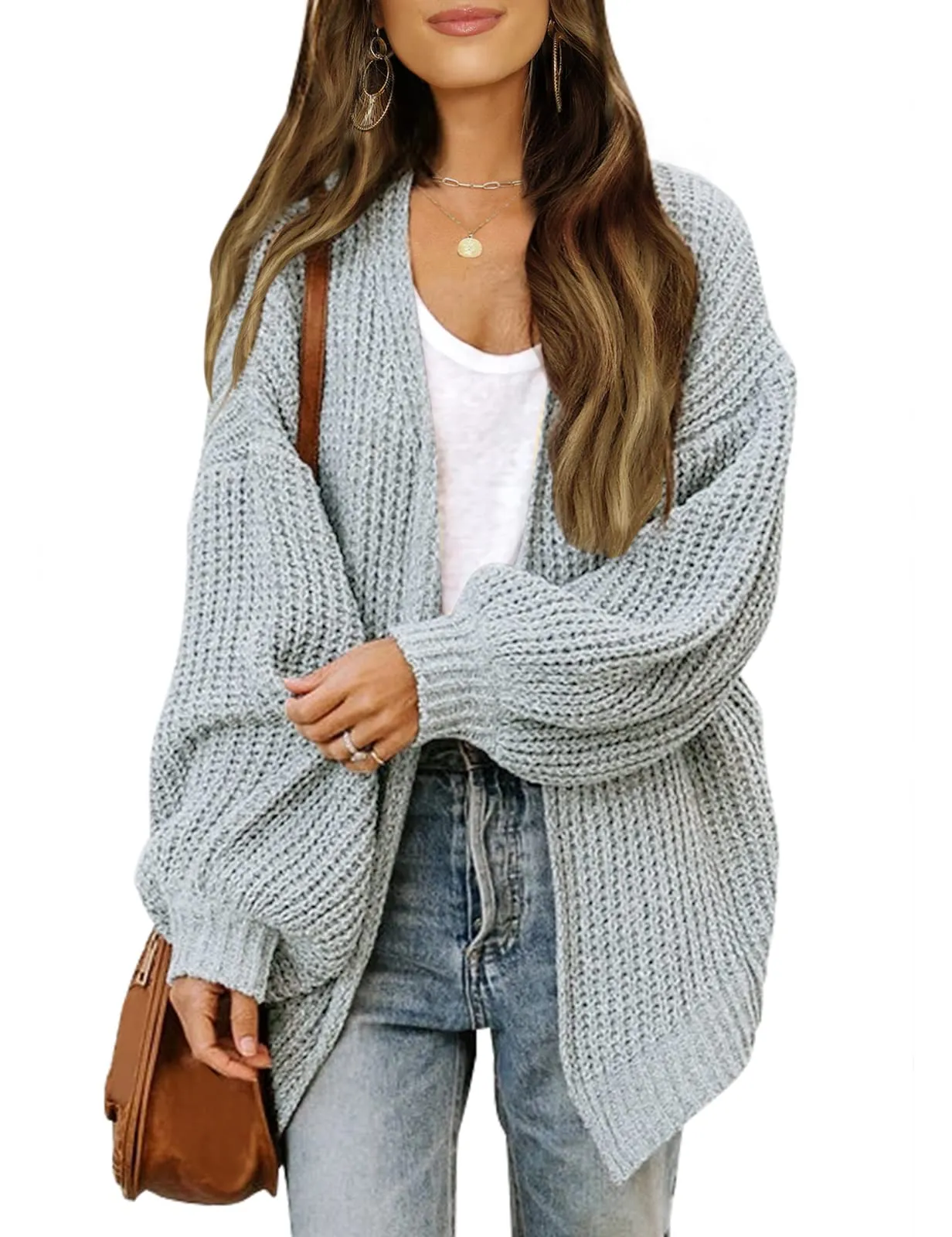 MEROKEETY Lantern Sleeve Oversized Chunky Cardigan