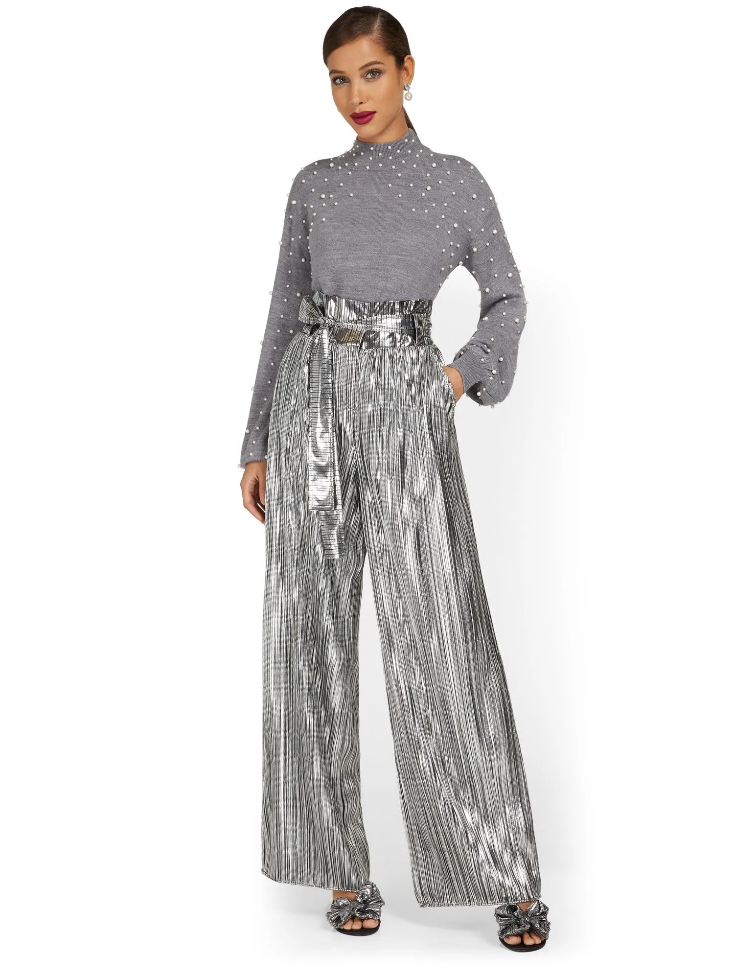 Metallic Pleated Wide-Leg Pant