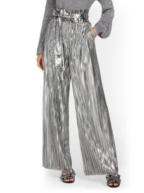 Metallic Pleated Wide-Leg Pant