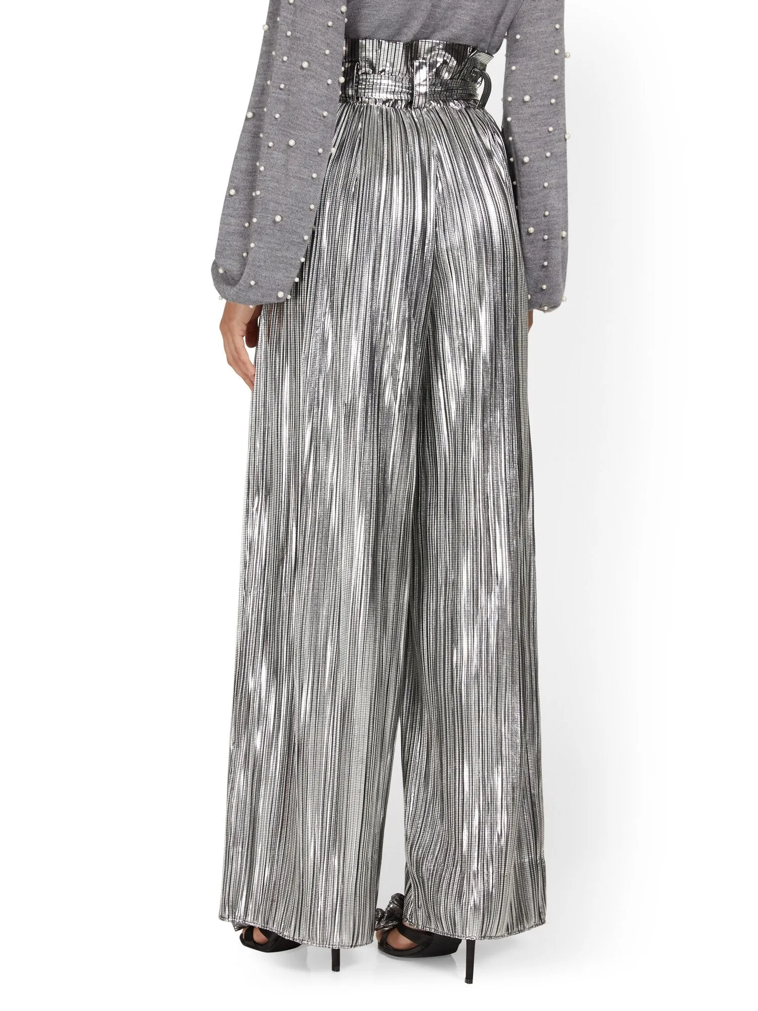 Metallic Pleated Wide-Leg Pant