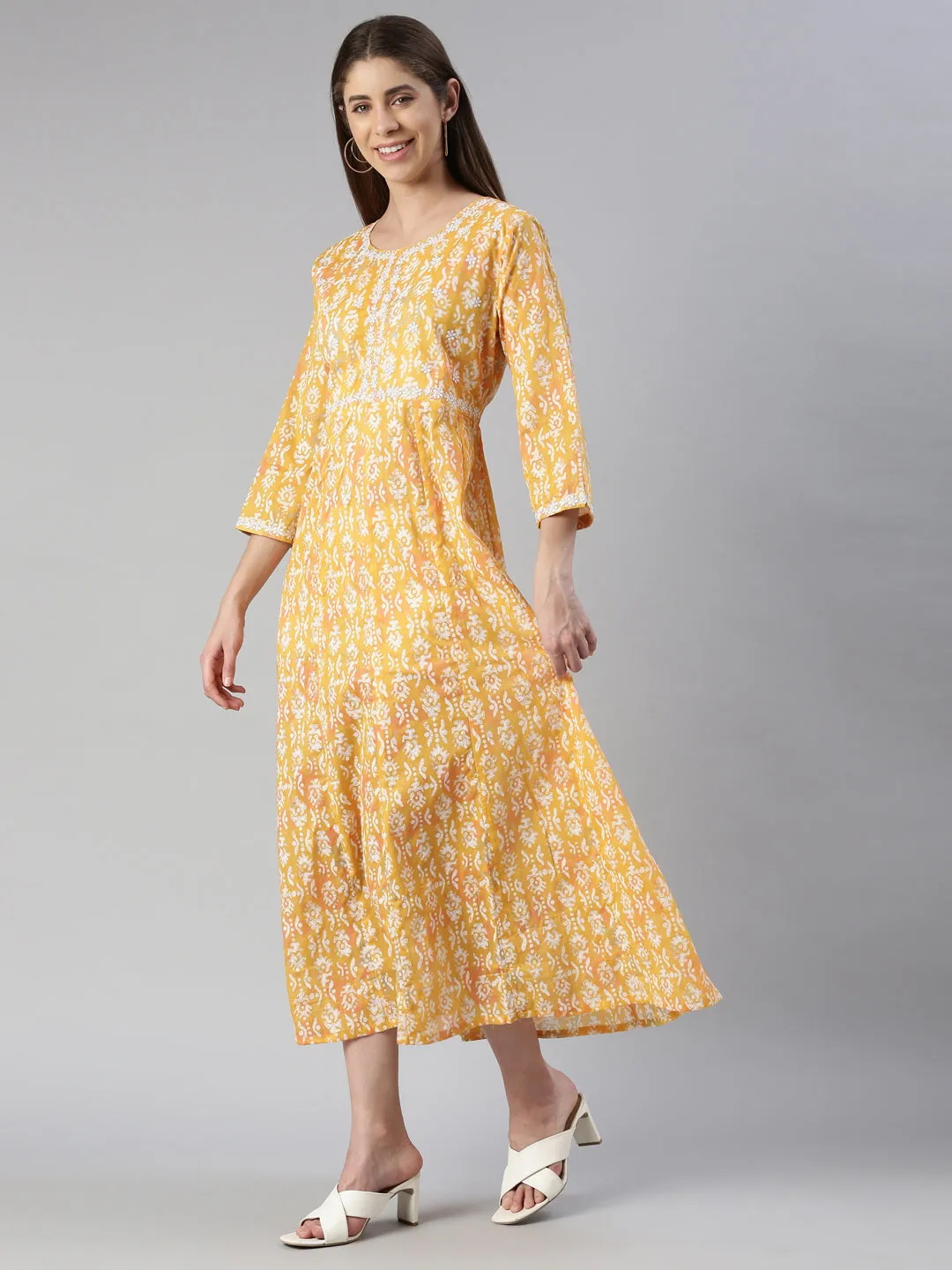 Neeru's Mustard Maxi Casual Printed Dresses