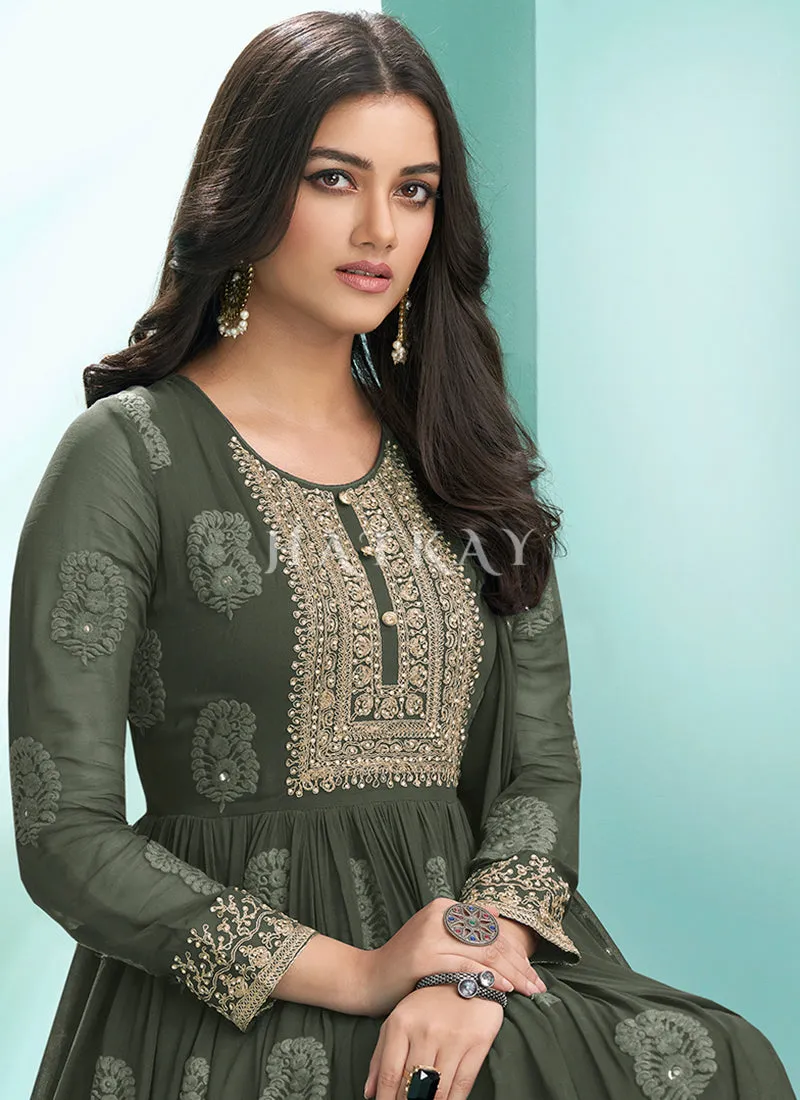 Olive Green Lucknowi Zari Embroidered Designer Anarkali Suit