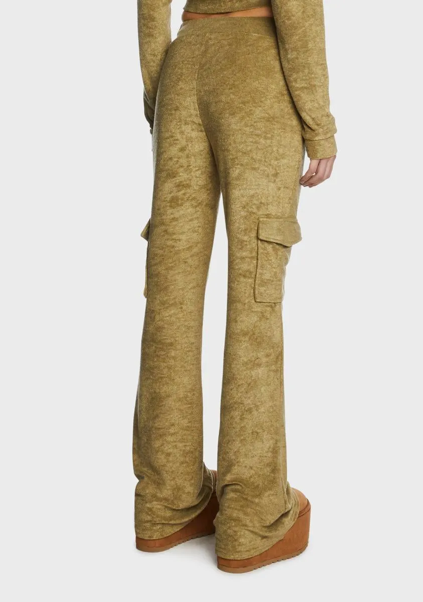 Olive Velour Cargo Pocket Track Pants