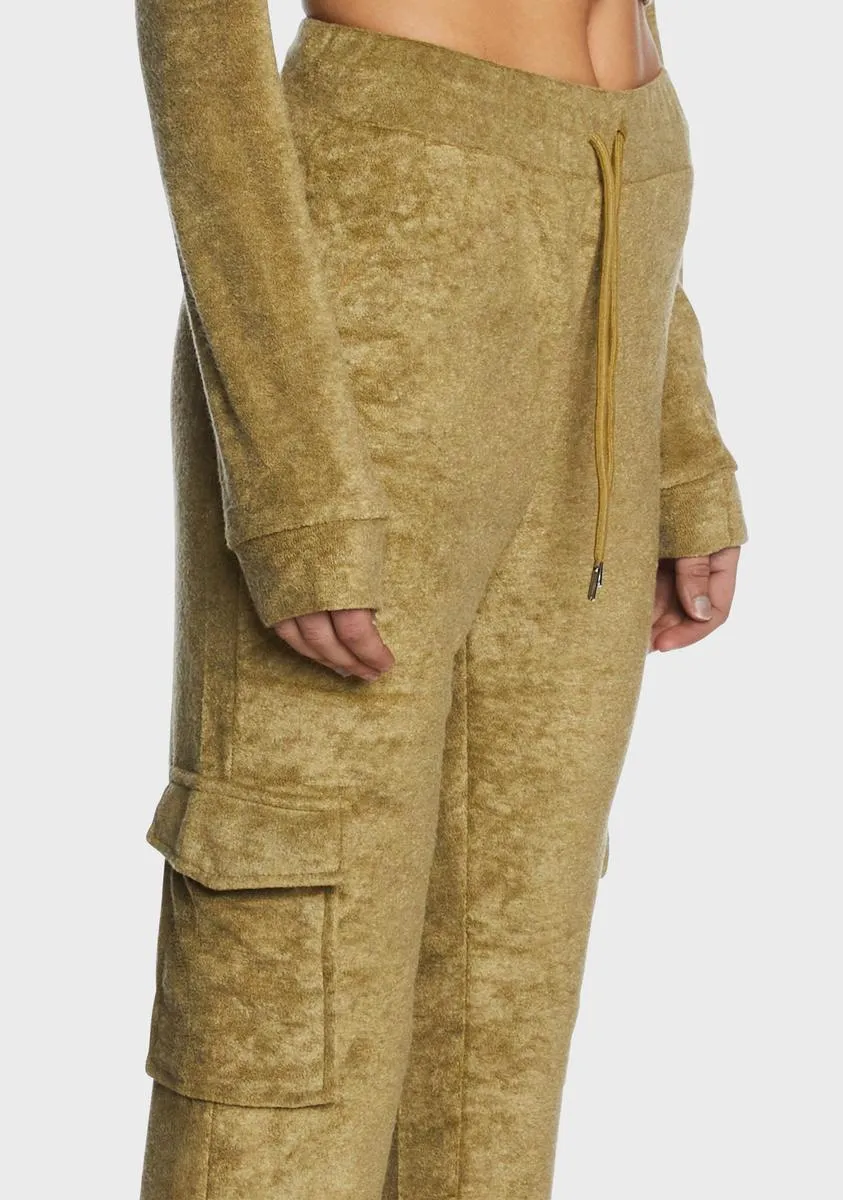 Olive Velour Cargo Pocket Track Pants