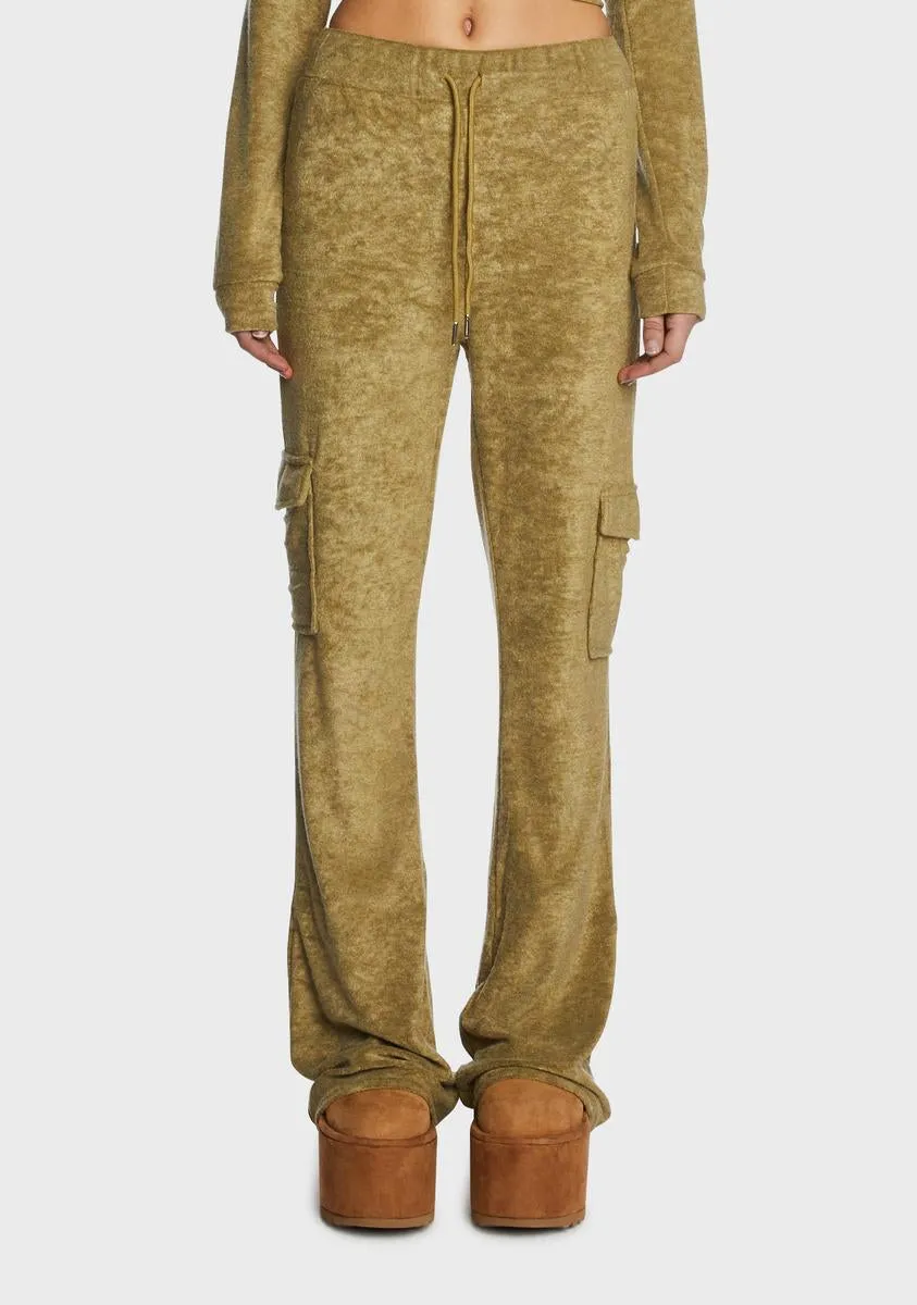 Olive Velour Cargo Pocket Track Pants