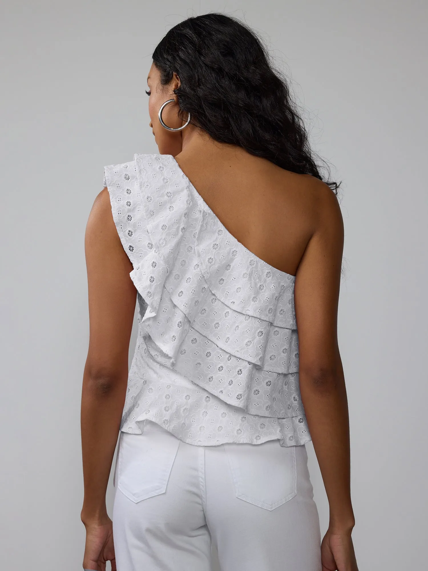 One Shoulder Eyelet Ruffle Tank Top