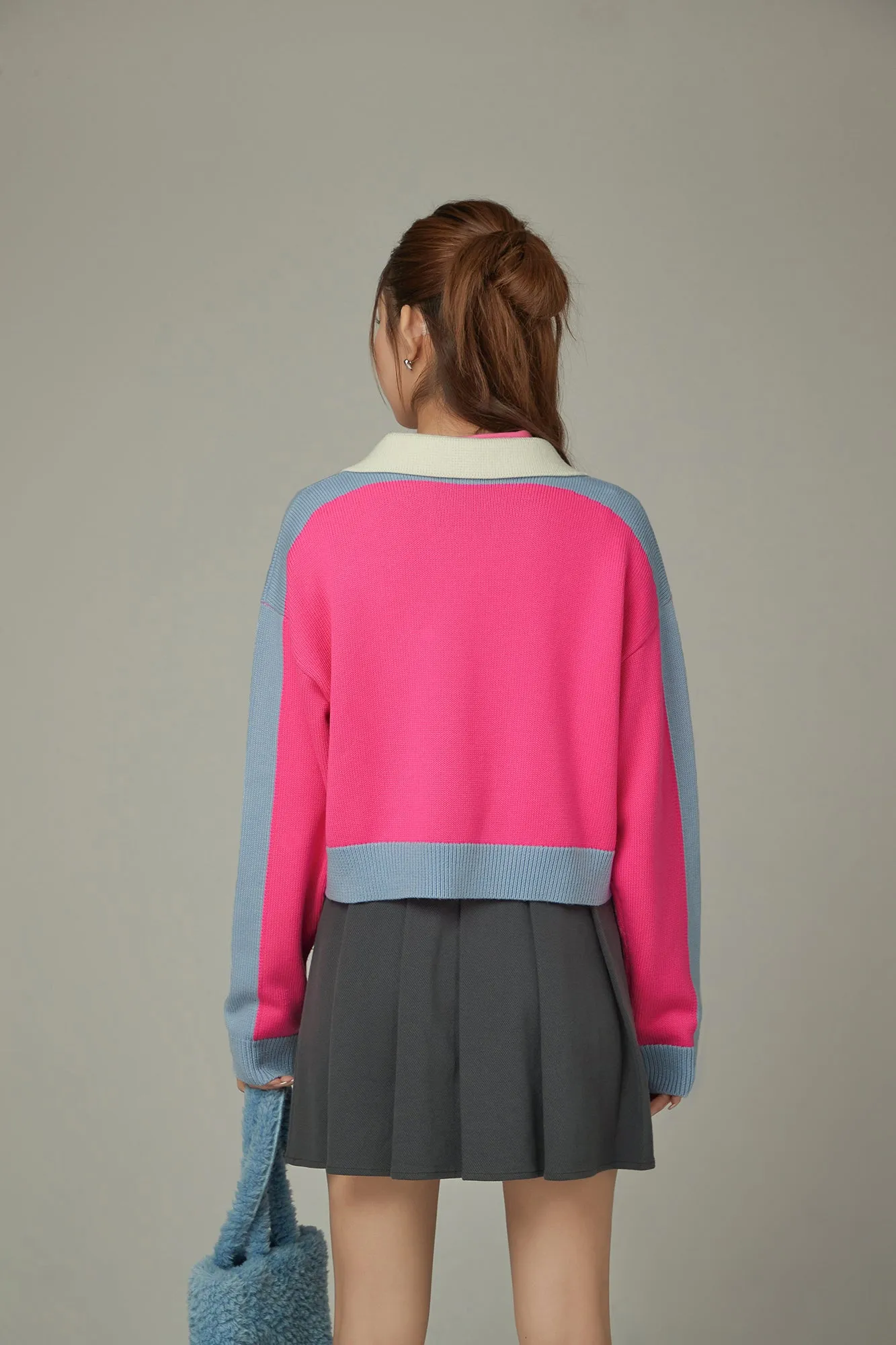 Open Collar Color Knit Sweater