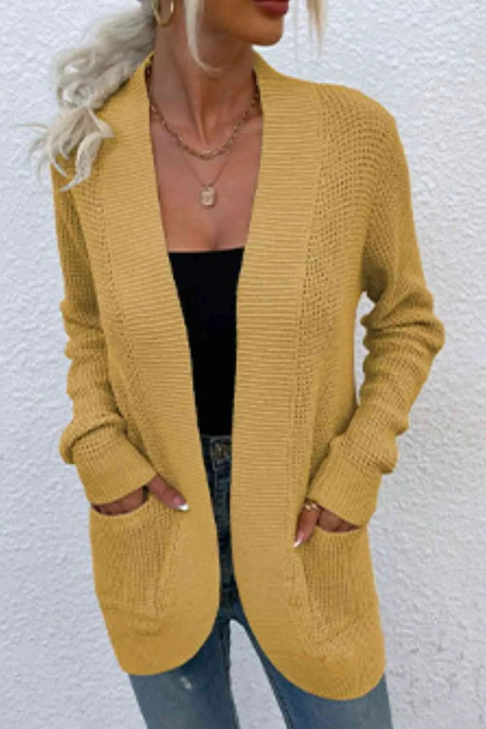 Open Front Rib-Knit Cardigan with Pockets