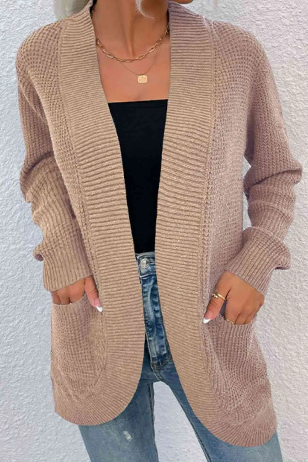 Open Front Rib-Knit Cardigan with Pockets