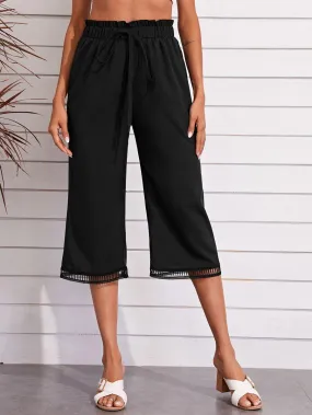 Paperbag Waist Eyelet Lace Hem Wide Leg Capri Pants