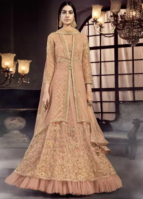 Peach Golden Embroidered Designer Lehenga Suit