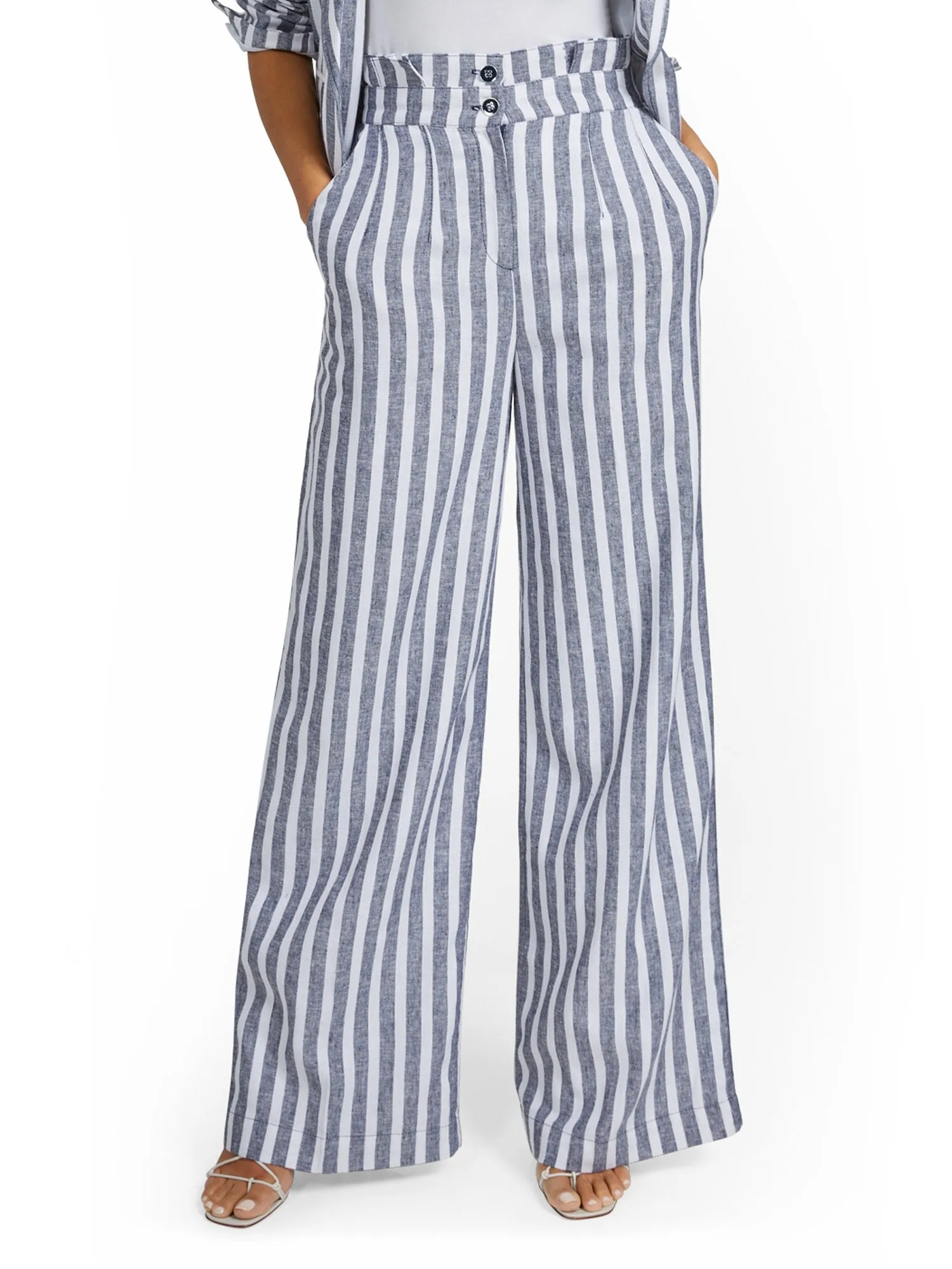 Petite Linen-Blend Nautical Stripe Paperbag Wide-Leg Pant