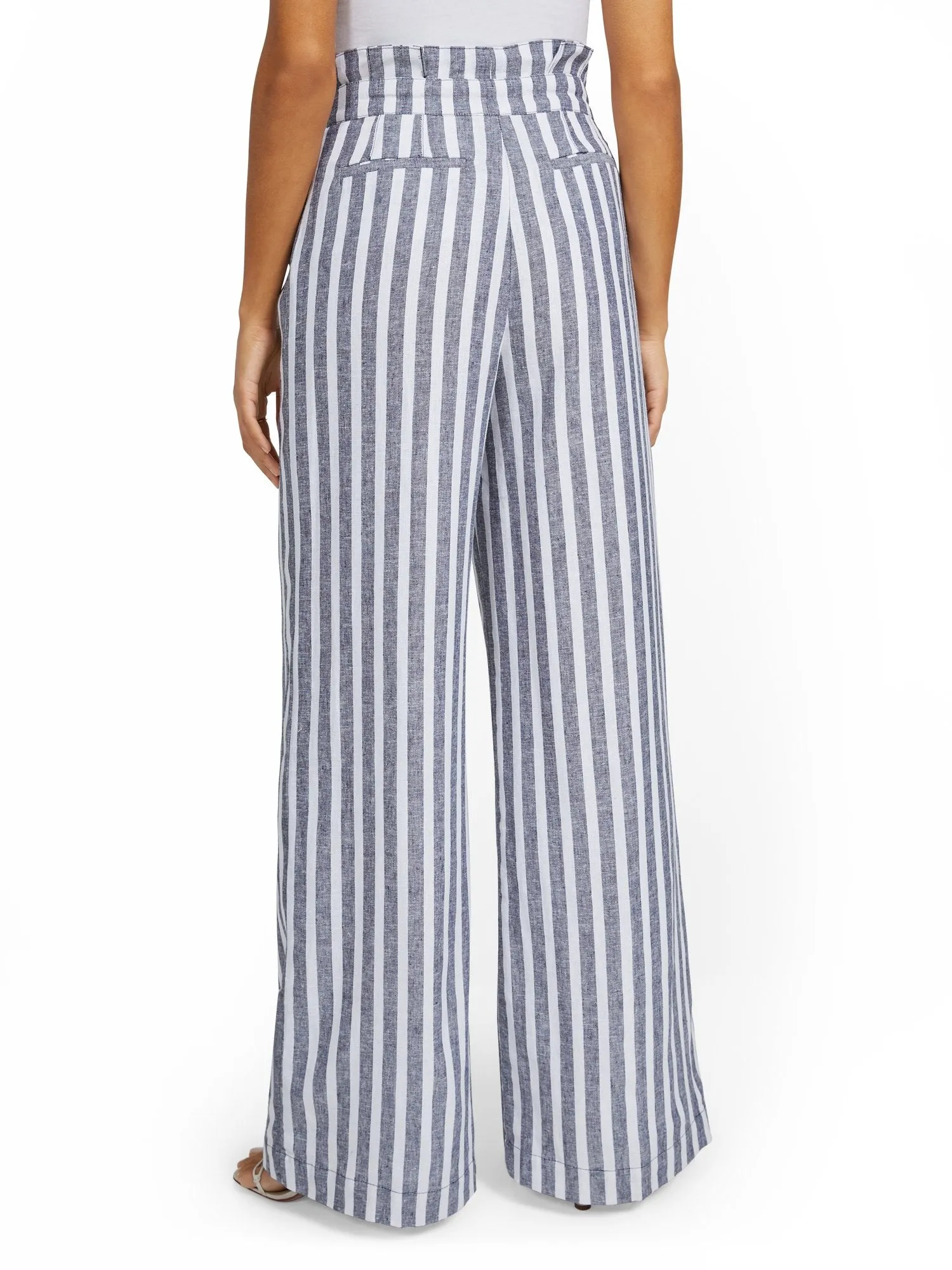 Petite Linen-Blend Nautical Stripe Paperbag Wide-Leg Pant