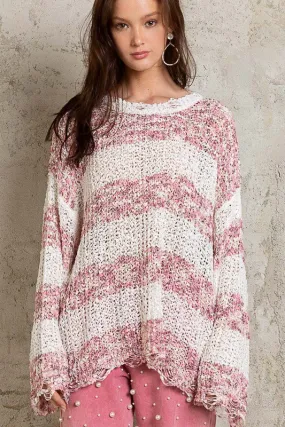 POL Distressed Lightweight Open Knit Sweater - Mauve Multi