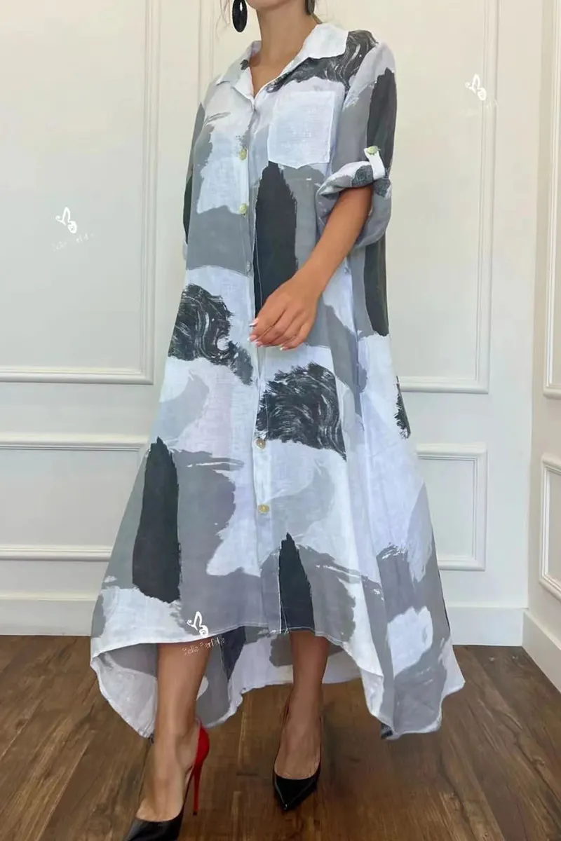 Print Turndown Collar Shirt Maxi Dress