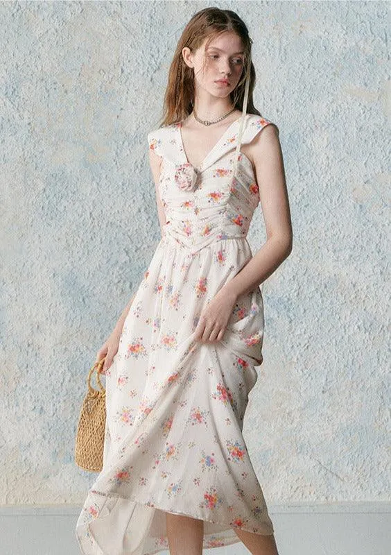 Retro Sleeveless Floral Pleating Wrap Dress