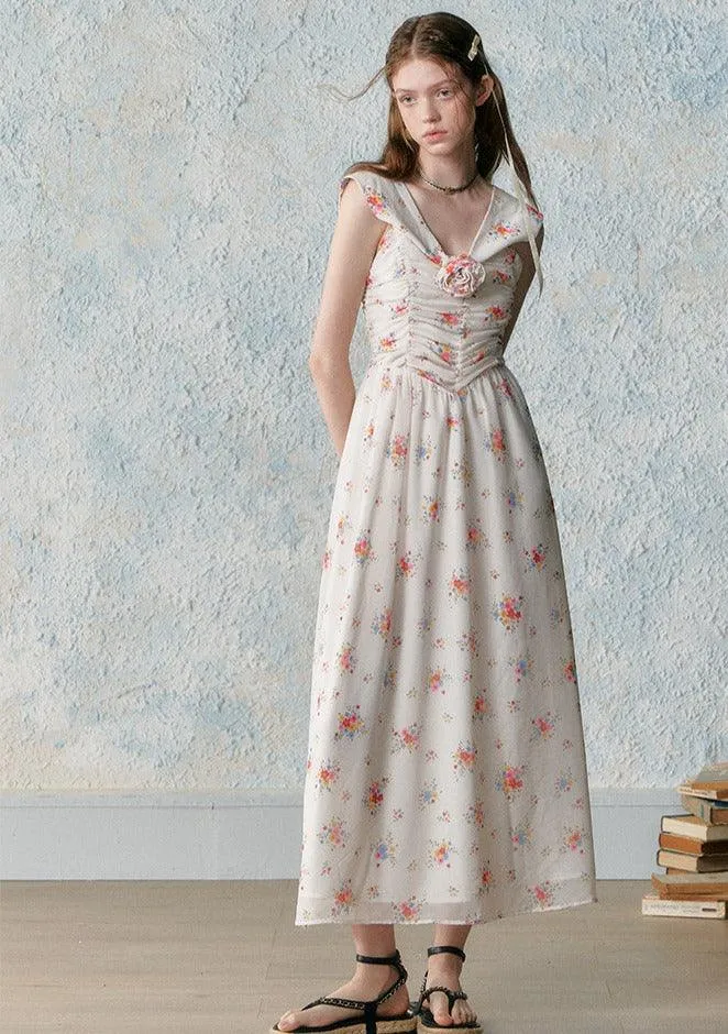 Retro Sleeveless Floral Pleating Wrap Dress