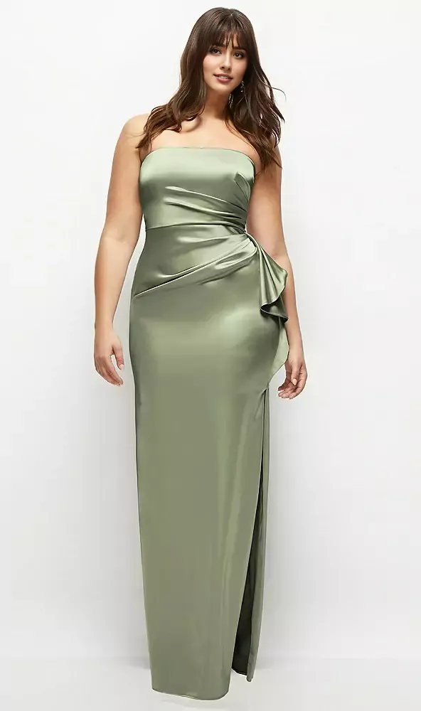 Sage Strapless Draped Bridesmaid Dresses Satin Maxi Dress with Cascade Ruffle