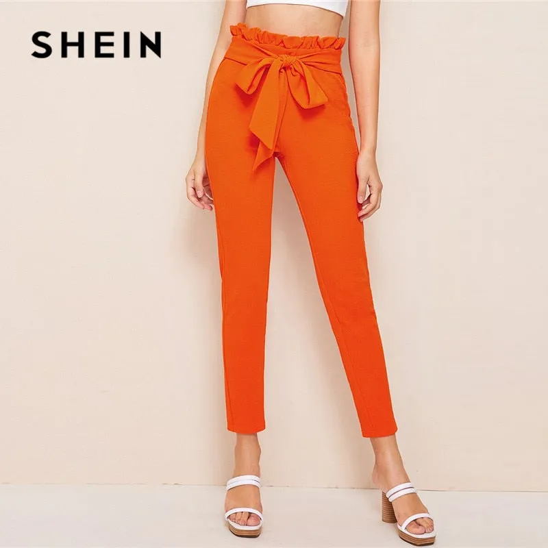 SHEIN Elegant Paperbag Waist Belted Detail Solid High Waist Pants