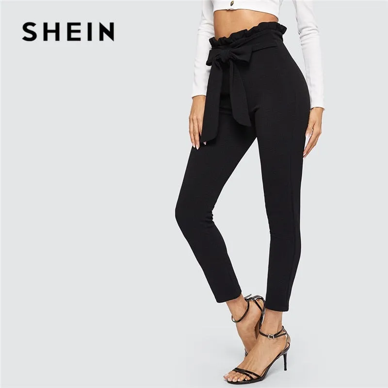 SHEIN Elegant Paperbag Waist Belted Detail Solid High Waist Pants