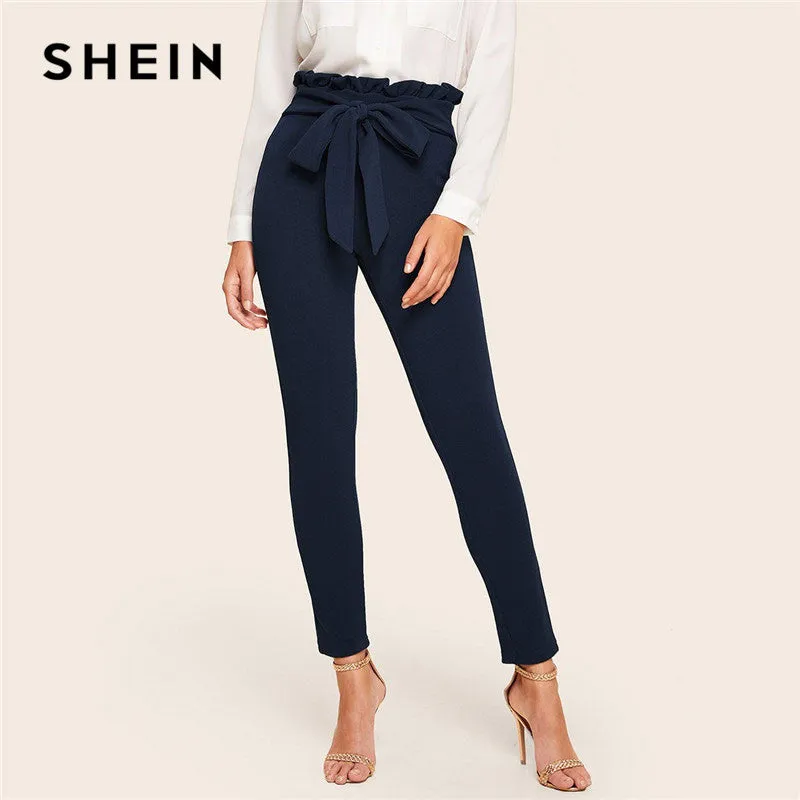 SHEIN Elegant Paperbag Waist Belted Detail Solid High Waist Pants