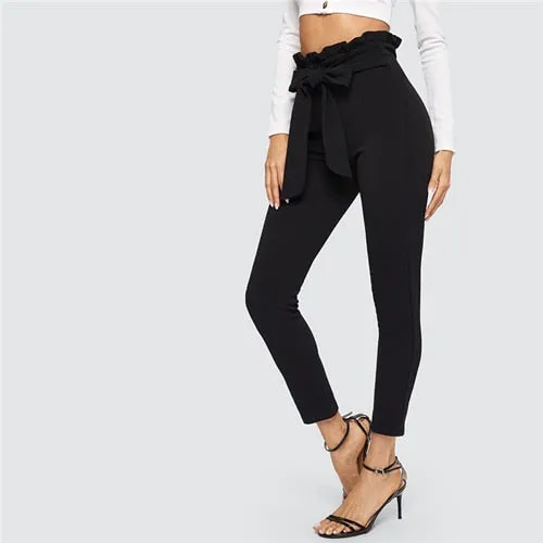 SHEIN Elegant Paperbag Waist Belted Detail Solid High Waist Pants