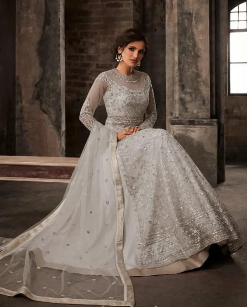 Silver Wedding Anarkali Lehenga/Pants Suit