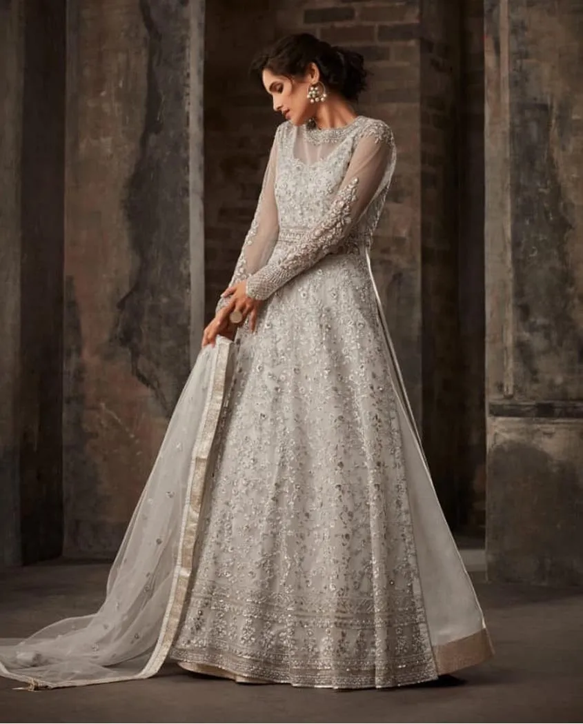 Silver Wedding Anarkali Lehenga/Pants Suit