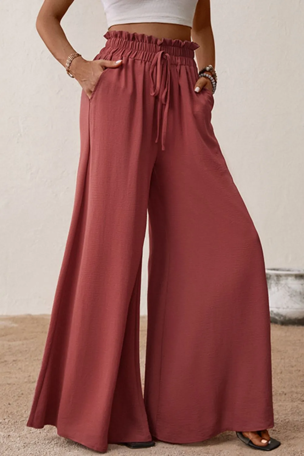 Smocked Paperbag Waist Wide Leg Pants