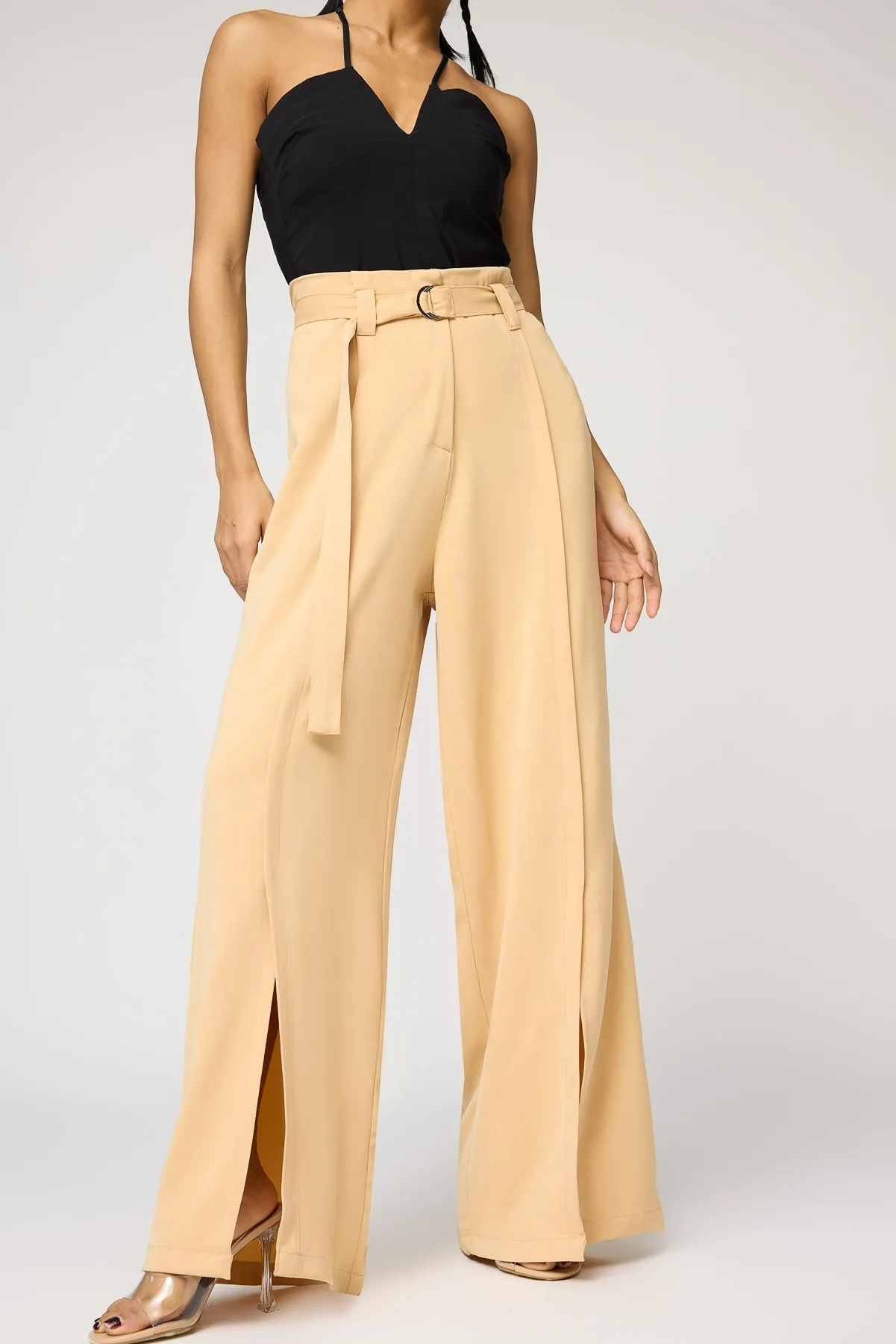 Soft Sand Belted Flared Korean Pants