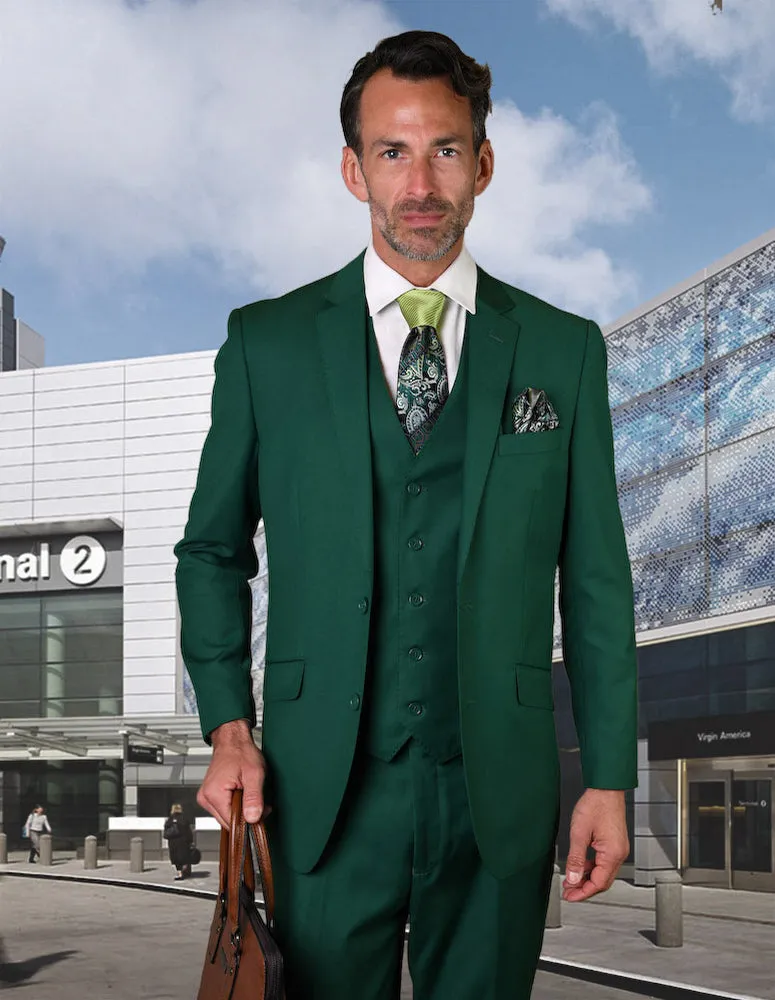 Statement Green Suit Tailored Fit Vested Wool Flat Front Pants