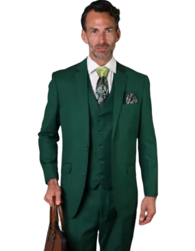 Statement Green Suit Tailored Fit Vested Wool Flat Front Pants