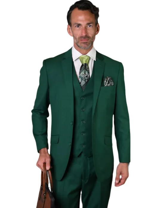 Statement Green Suit Tailored Fit Vested Wool Flat Front Pants