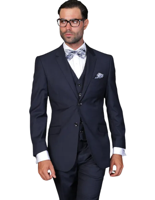 Statement Men's Navy Tailored Fit 3pc Suit Vested 100% Wool