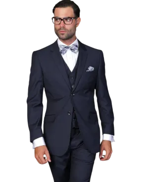 Statement Men's Navy Tailored Fit 3pc Suit Vested 100% Wool