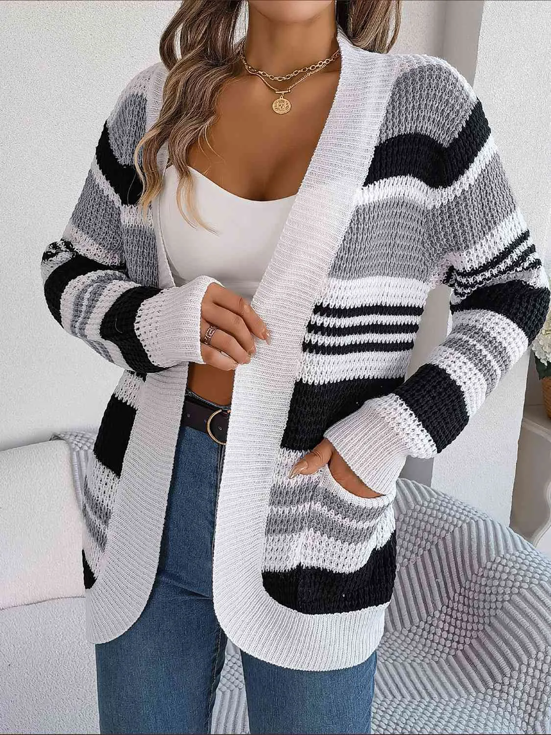 Striped Open Front Long Sleeve Cardigan