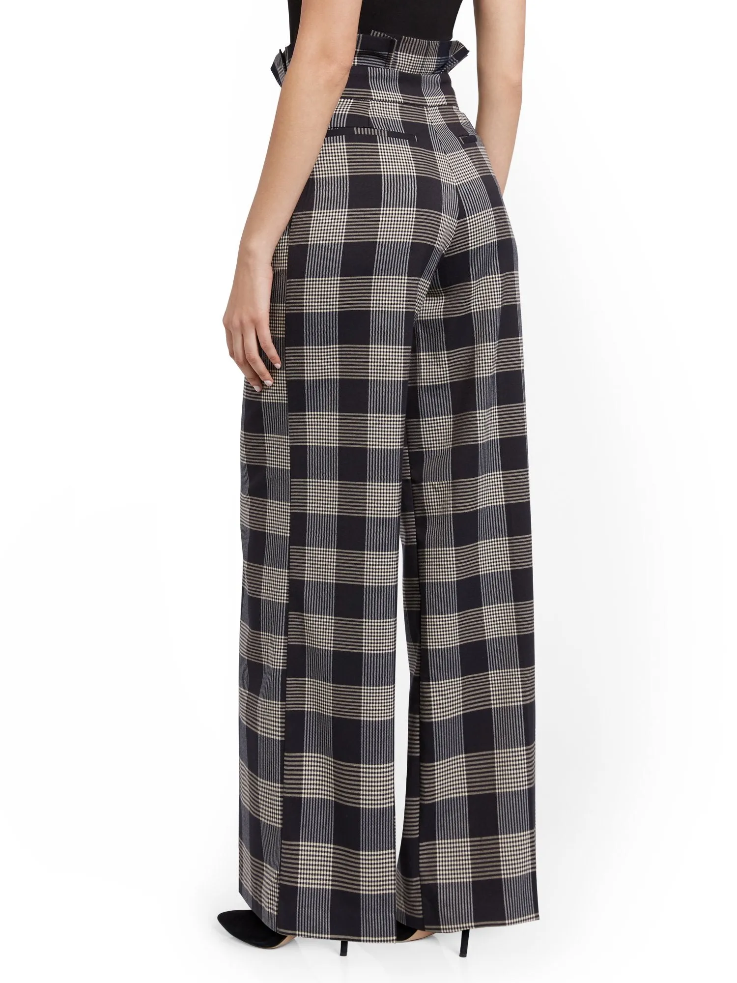 Tall Plaid Paperbag-Waist Wide-Leg Pant