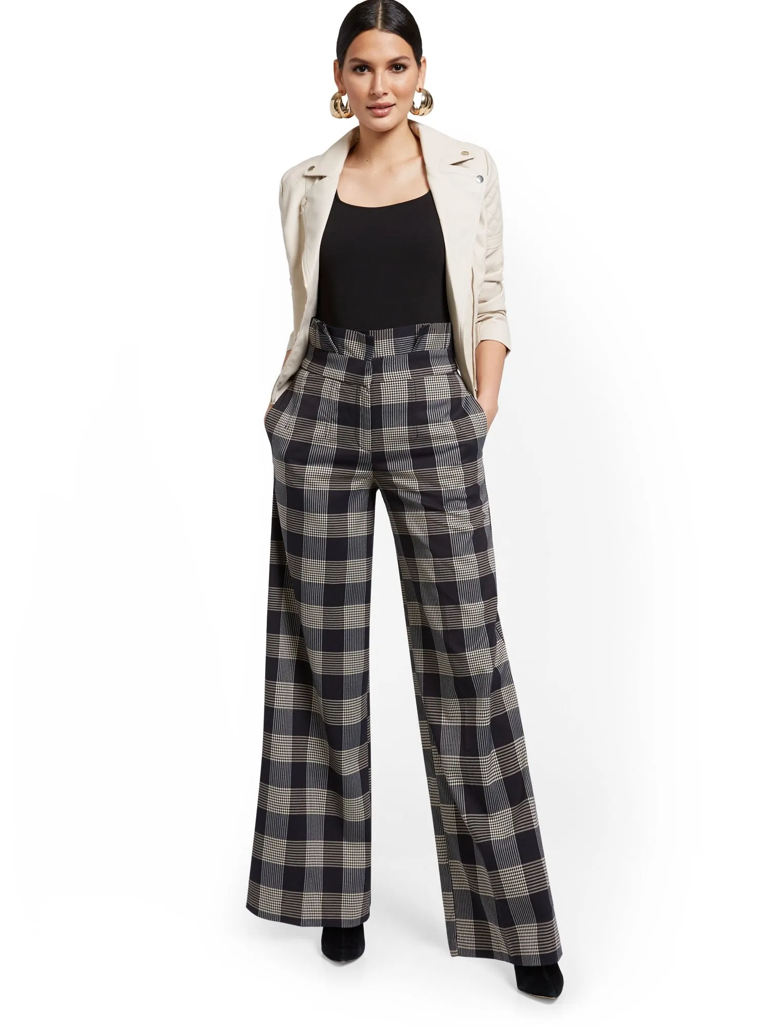 Tall Plaid Paperbag-Waist Wide-Leg Pant