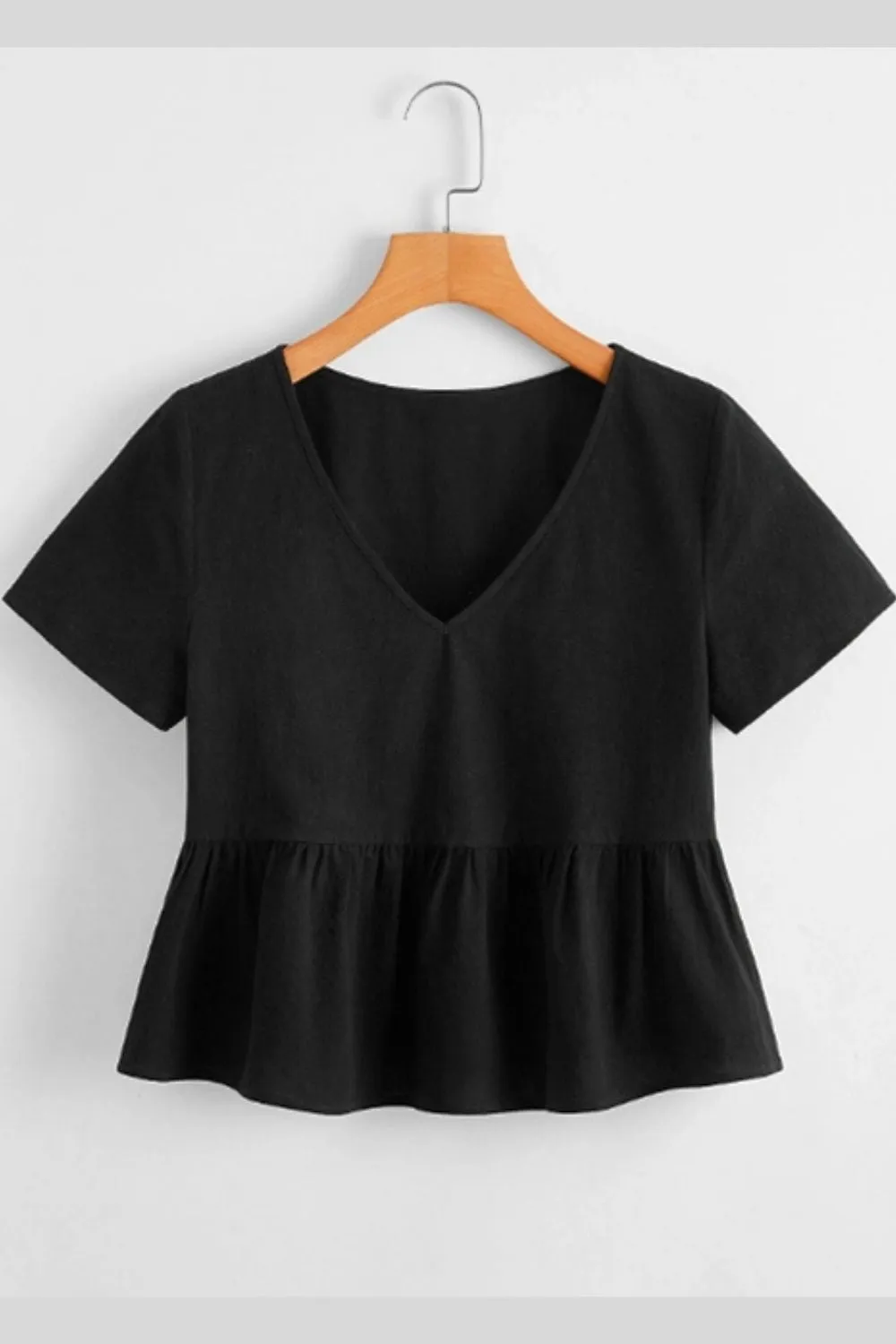 V Neck Peplum Blouse Black