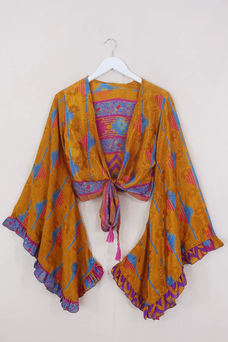 Venus Wrap Top - Amber, Blue & Magenta - Vintage Sari - Size XS