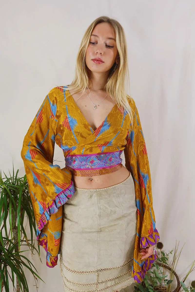 Venus Wrap Top - Amber, Blue & Magenta - Vintage Sari - Size XS