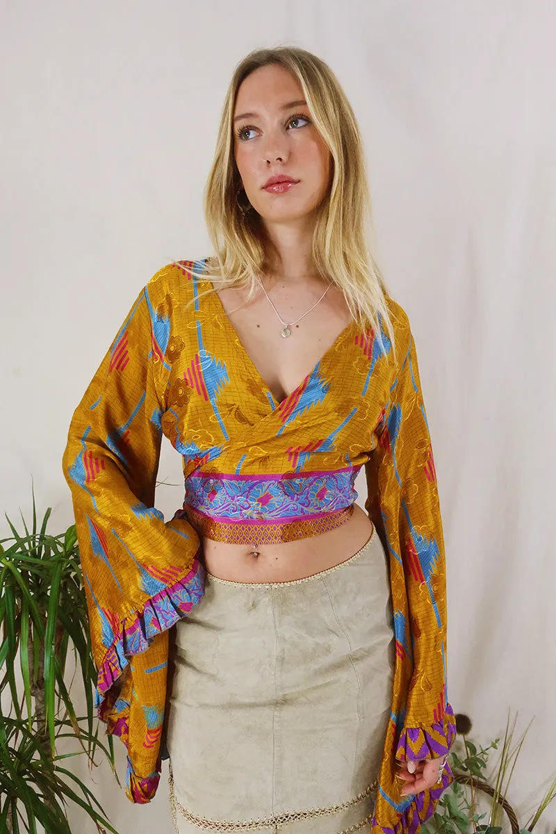 Venus Wrap Top - Amber, Blue & Magenta - Vintage Sari - Size XS