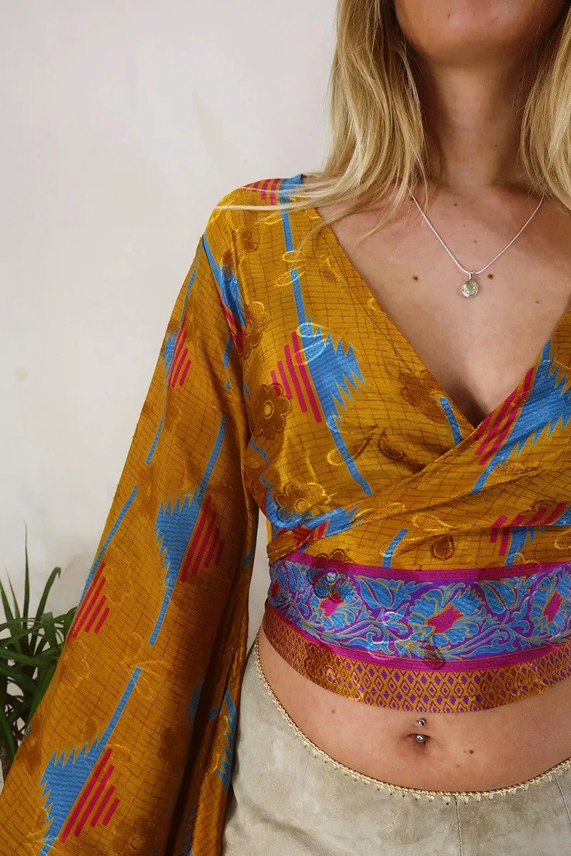 Venus Wrap Top - Amber, Blue & Magenta - Vintage Sari - Size XS