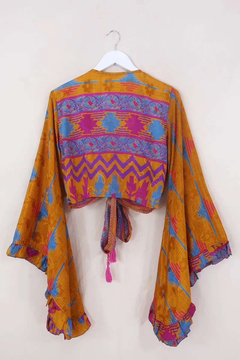 Venus Wrap Top - Amber, Blue & Magenta - Vintage Sari - Size XS