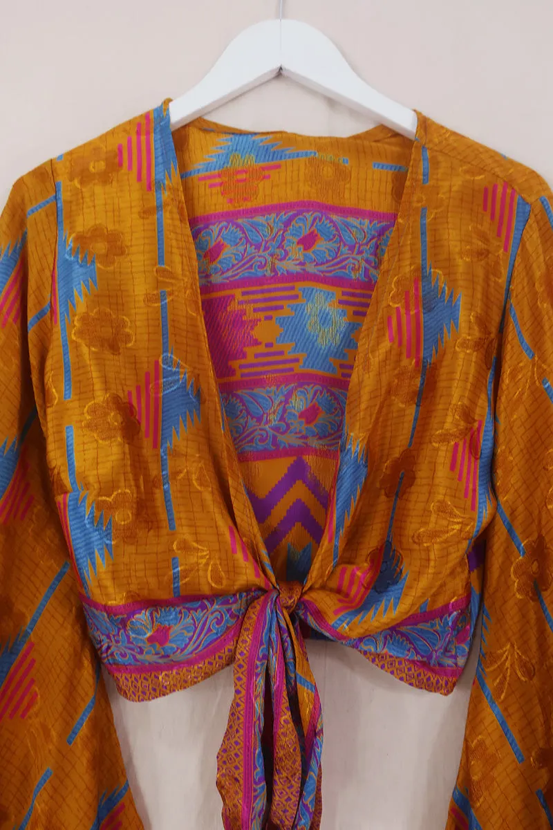 Venus Wrap Top - Amber, Blue & Magenta - Vintage Sari - Size XS