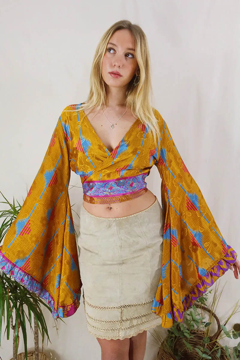 Venus Wrap Top - Amber, Blue & Magenta - Vintage Sari - Size XS