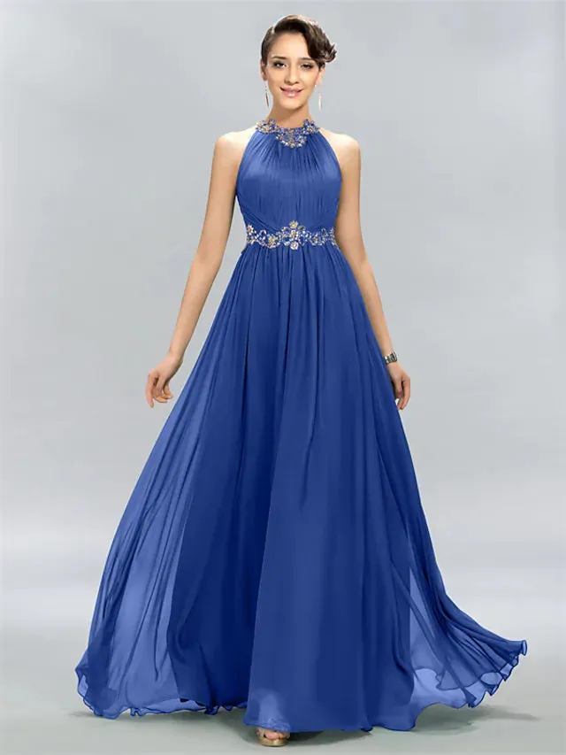 Wedding Guest Dresses Maxi Dress Party Wear Floor Length Sleeveless Halter Chiffon with Ruched Appliques