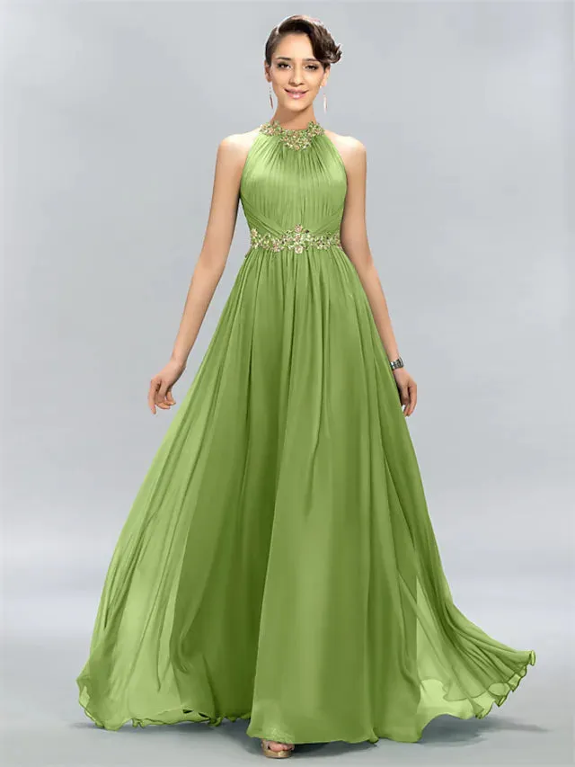 Wedding Guest Dresses Maxi Dress Party Wear Floor Length Sleeveless Halter Chiffon with Ruched Appliques